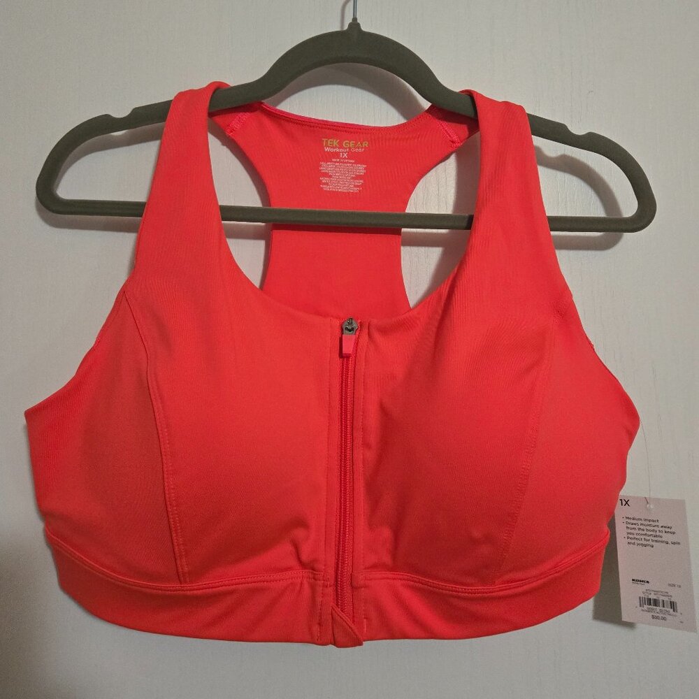 ✨ Tek Gear Coral Pink Zip-Front High-Impact Sports Bra 1X - NWT ✨